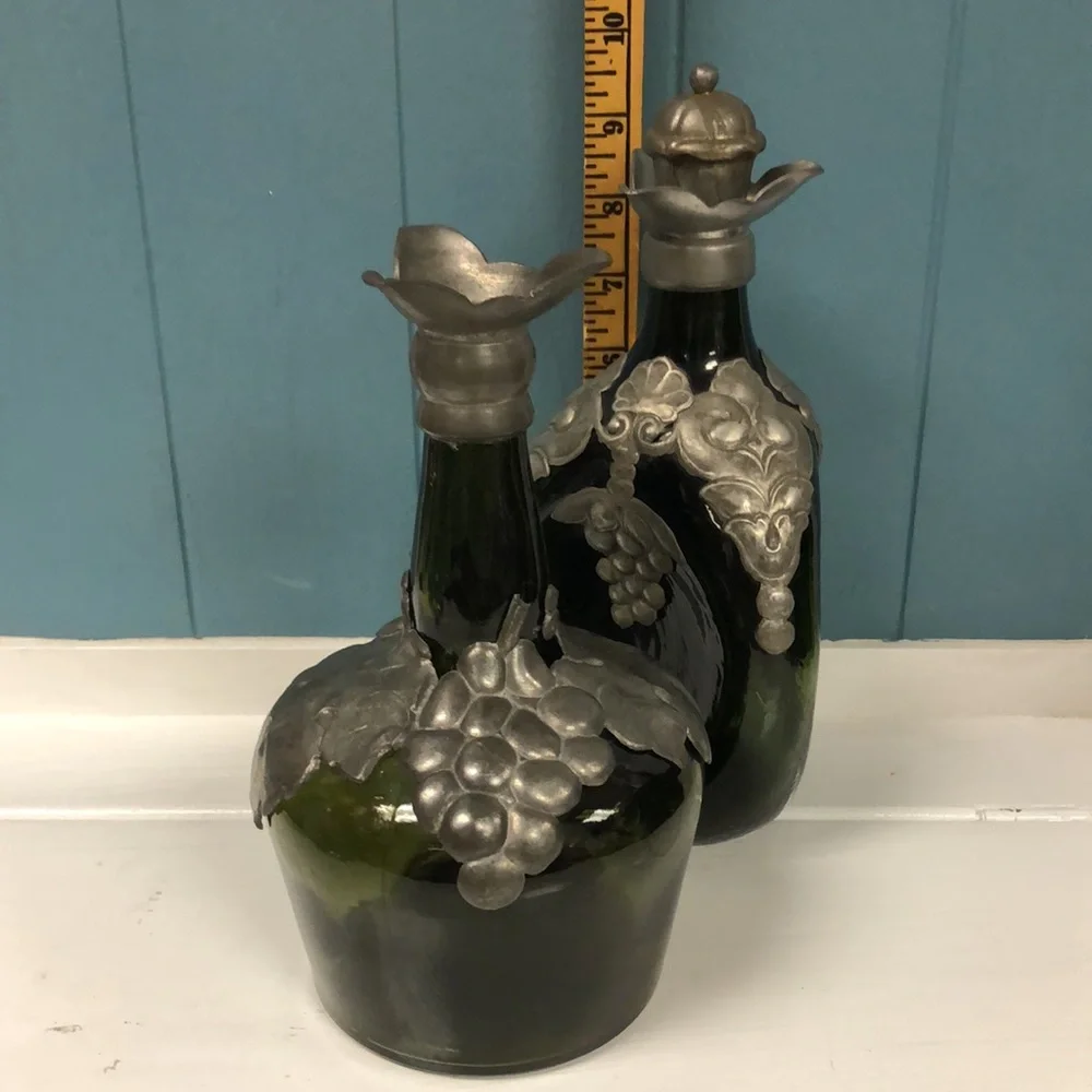 2‎ Vtg Decanter Green Glass Pewter Marked Denmark Rare Retro Collectible Grape
